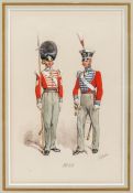 A watercolour painting by Simkin, showing an officer and sergeant of an infantry regiment in full