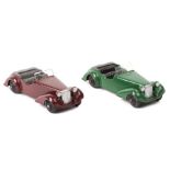 2 Dinky Toys 38 series. Alvis (38d) in maroon with grey interior and another example in green with