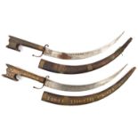 A pair of bazaar quality N African Nimchas, inlaid wire and MOP studded decoration to hilts and