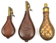 A copper powder flask “Overall” (similar Riling 413 without sideloops), sprung brass top marked “G &