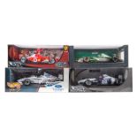 4 HotWheels 1:18 F1 racing cars. A Stewart SF3 RN16 R. Barrichello. Michael Schumacher Ferrari World