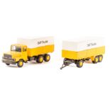 Lion Car DAF 2800 normal control 10 wheel rigid truck and 10 wheel trailer. In yellow and white