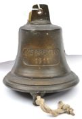 A small ship’s bell, integral cast name panel “M.S. Bremen, 1911” with clapper and cord, diam 5¼”;