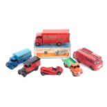 9 Dinky Toys. A Guy Van, Slumberland (514) boxed, Fire Engine, Royal Mail Van, Austin Van in blue