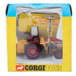A Corgi Toys Massey-Ferguson 165 tractor with saw attachment (73). Example in red and light grey,