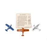 3 Dinky Toys Aircraft. 2x Light Tourers 60c in blue and silver and a Low Wing Monoplane 60d in