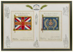 2 watercolour paintings of the Queen’s Colour and Regimental Colour of The Queen’s Royal Regiment (
