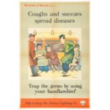 2 WWII A1 “Coughs and Sneezes Spread Diseases” posters by H.M. Bateman, both showing scenes in a