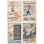 4 WWII A3 fuel economy posters: “Save Fuel at Work”, machine operator calling to colleague who has