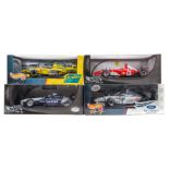 4 HotWheels 1:18 F1 racing cars. Williams BMW FW23 RN6 J. Pablo Montoya. A Jordan Honda 199 RN8 H.H.