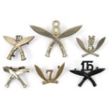 6 Gurkha WM headdress badges: 5th Royal, 2 part 6th (one flat lug replaced, a little bent), 7th (Cox