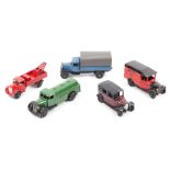 10 Dinky Toys. 5x 25 series all with black wheels; a Covered Wagon in blue with a dark grey tilt,