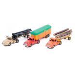 3 French Dinky Toys tractor units with articulated trailers. A Willeme Tractor and covered