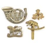 4 Volunteer cap/glengarry badges: Menipur Rifles, Dehra Dun Contingents, East Coast Battn A.F.I, GC,