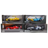 4 Hotwheels 1:18 F1 racing cars. Jordan EJ12 T. Sato, Renault R23 RN7 J. Trulli. Williams FW24 RN5