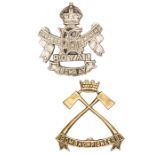 A WM glengarry badge of the R Bombay Sappers and Miners (brooch pin missing) and a brass pouch badge