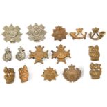 6 pairs Vic collar badges: brass Devon, R W Kent (2) and crown/bugle; WM HLI and Camerons; single