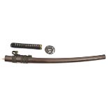 The koshirae (fittings) for a Japanese sword wakizashi, wooden “blade” 60.5cms, iron Goto tsuba with