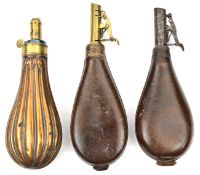 A copper powder flask “Fluted” (similar Riling 289), plain sprung brass top with 4 position