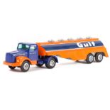 A scarce Tekno Scania 76 normal control articulated petrol tanker in Gulf livery. Finished in deep