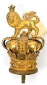 A Vic gilt brass Royal Crest flag pole finial, crowned lion on crown, 6” high, with additional 1”