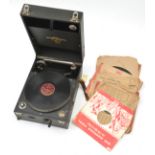 A Columbia No 109 wind up portable gramophone, the lid with large painted RAF badge. GWO & C (the