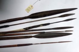 7 various early 20th century African spears, including one with 19” shallow hollow diamond section
