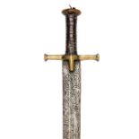 A good 19th century Sudanese sword kaskara, unusually long blade 38½” with shallow central fuller