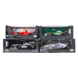 4 HotWheels 1:18 F1 racing cars. Williams BMW FW23 RN5 R. Schumacher. Jaguar Racing R1 RN8 J.
