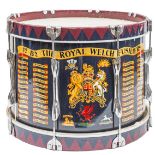 An ERII painted tenor drum of the 1st Bn The Royal Welch Fusiliers, with title scroll, Royal Arms