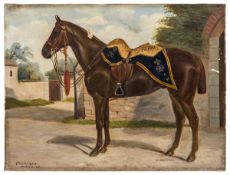 A late 19th century oil on canvas painting of an officer’s charger of The 4th (Queen’s Own) Hussars,
