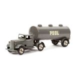 A rare late 1930’s Tri-ang Minic tinplate clockwork articulated Petrol Tanker (79M). An example