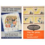 4 WWII A3 “Coughs and Sneezes Spread Diseases” cartoon posters: man sneezing onto lathe which