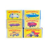 6 Matchbox 75 Series vehicles. A Euclid Quarry Truck (6), a Milk Delivery Truck (21), a Ford