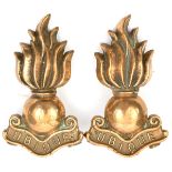 2 heavy cast brass R Artillery grenade badges, with “Ubique” scroll, screw stud fastening,