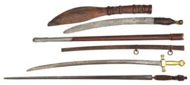 A N African sword, in scabbard; a composite band sword; another sword blade and 2 scabbards. QGC