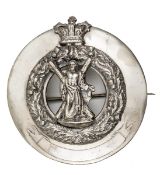 A Vic piper’s silver plated plaid brooch, St Andrew and cross in crowned wreath to centre (