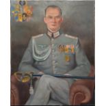 A large oil on canvas portrait of a seated Third Reich artillery officer, wearing 4 WWI medals, WWII