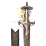 A tulwar, curved SE blade 29½”, Arabic stamps on backstrap at forte, solid iron hilt with long