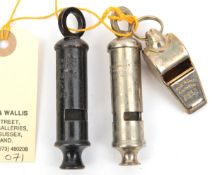 A plated tubular whistle, marked “J Hudson & Co Birmingham 1914”, a blackened similar, Hudson “SN.