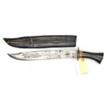 An Indian bowie type knife, slightly curved blade 11½”, shallow fullered, sheet brass crossguard and