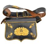 A 19th century continental bandsman’s black PL shoulder belt and pouch, brass border to panel flap