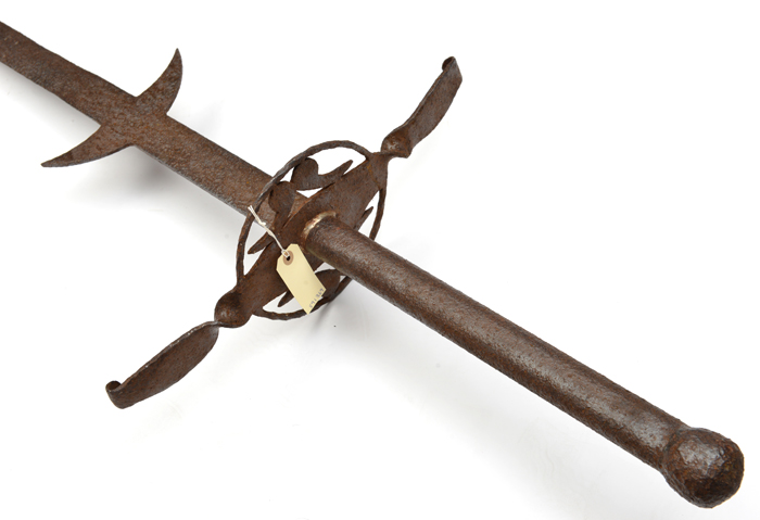 A 19th century copy of a 16th century 2 handed sword, blade 46”, large pierced crossguard, heavy - Image 2 of 2
