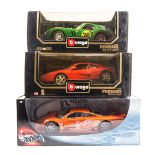 6 1:18 sports racing cars by Hotwheels and Bburago. Saleen S7 in metallic orange. Ferrari F355