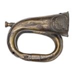 A Russian Crimean War brass bugle, in relic condition suffering war damage, complete with