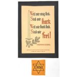 A small black and red poster, d. 1938, featuring an upright sword and oak leaves with quotation from
