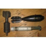 3 inert bombs: WWI German Minenwerfer (rusted overall); German WWII 1Kg incendiary (complete but