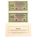 Two German 1922 issue 1000 mark propaganda currency notes, one stating that “Judaism is organised