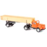A scarce Danish Scania-Vabis LS76 normal control articulated timber lorry. Cab in orange with