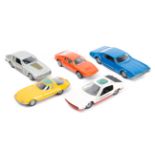 5 1960’s Italian Politoys Export 1:43 scale cars. Bertone Corvair in yellow, plus a Lamborghini